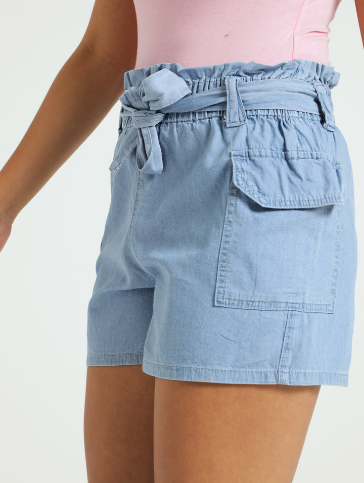 Girls Chambray Paper Bag BeltÃ‚Â  Shorts - Light Blue