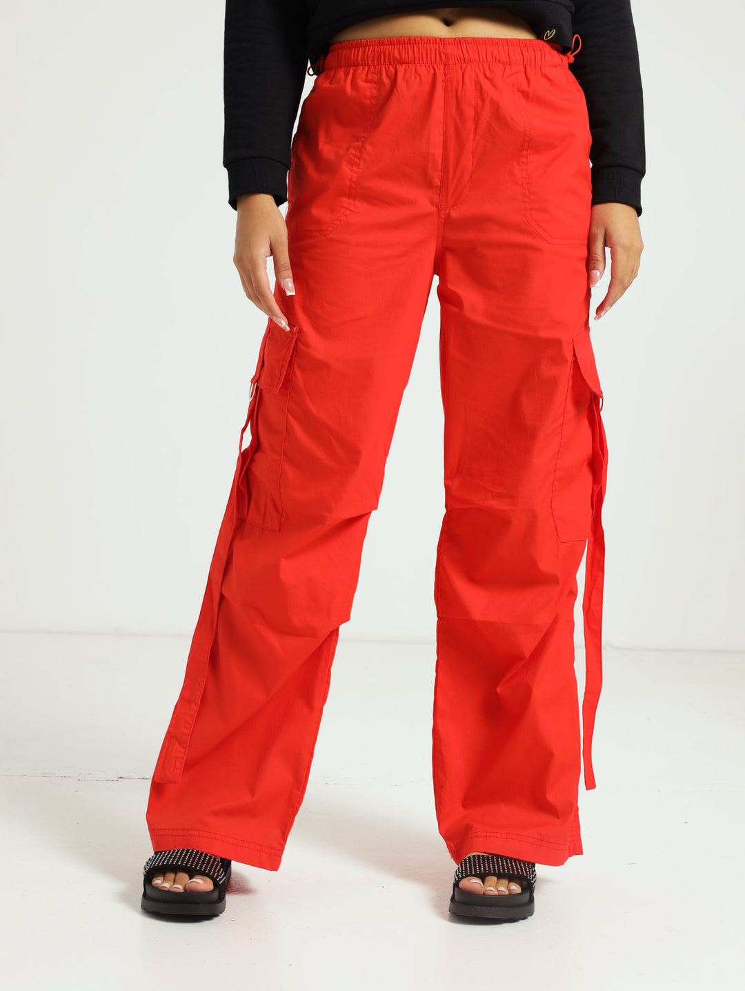 Girls Belted Parachute Pants - Red