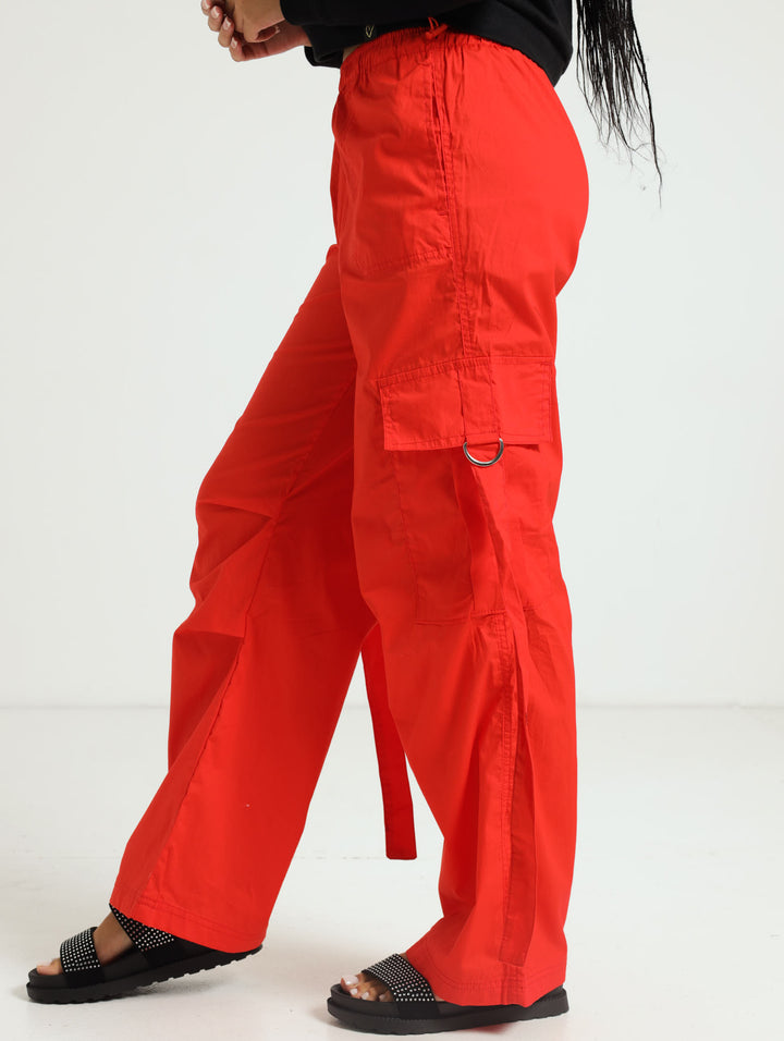 Girls Belted Parachute Pants - Red