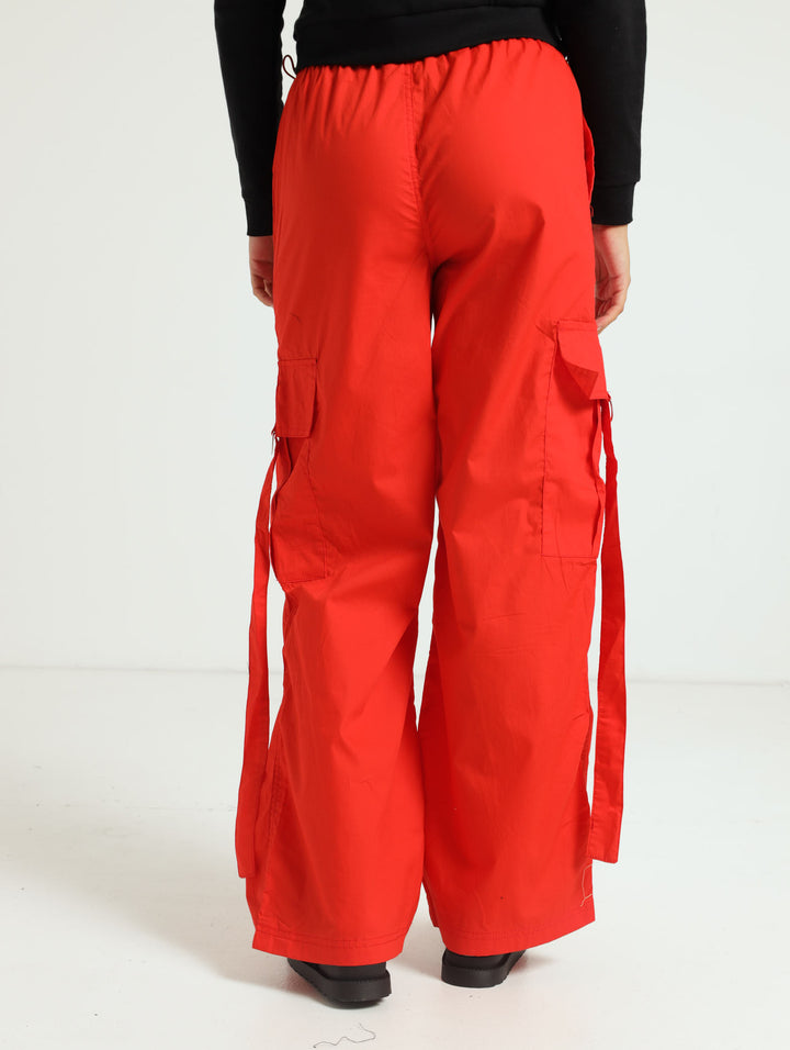 Girls Belted Parachute Pants - Red