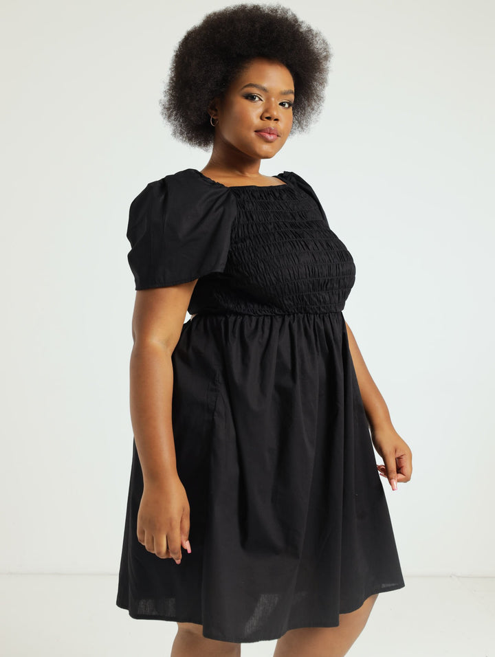 Tieback Peasant Dress - Black