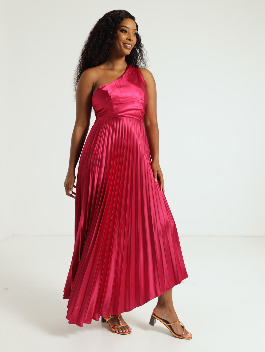 Asymmetrical Pleated Midi Dress - Magenta