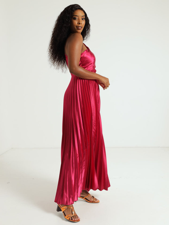 Asymmetrical Pleated Midi Dress - Magenta