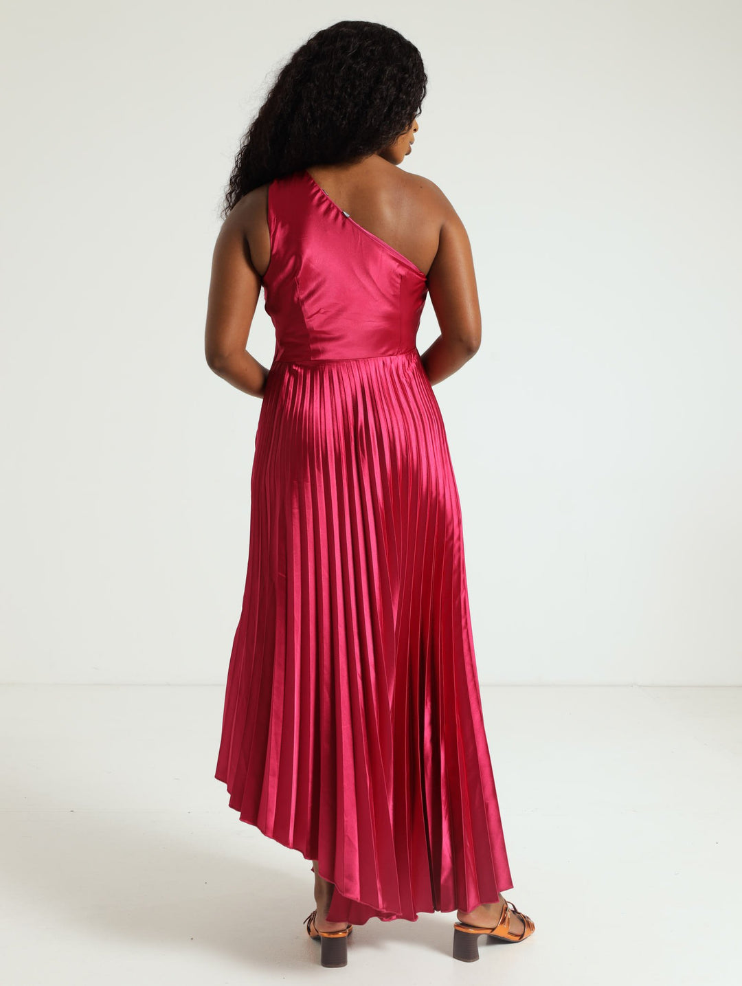Asymmetrical Pleated Midi Dress - Magenta