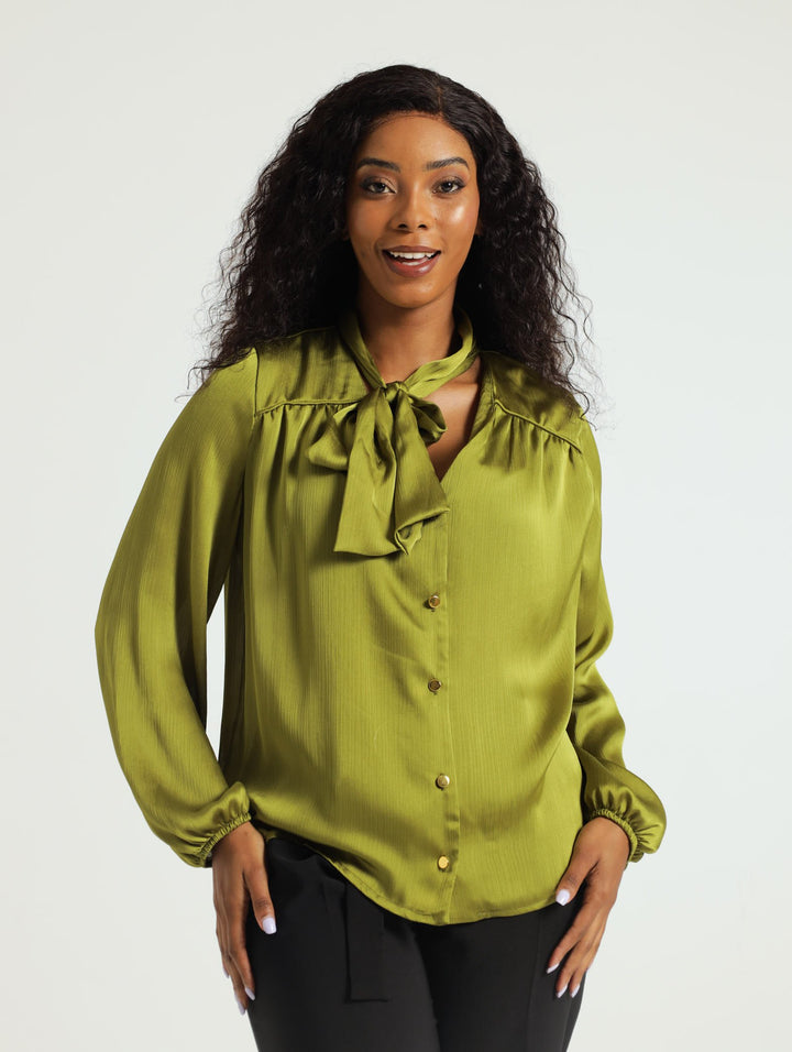 Kitty Bow Satin Blouse - Olive