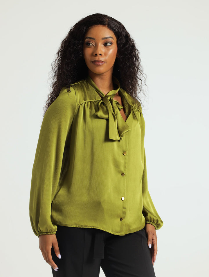 Kitty Bow Satin Blouse - Olive