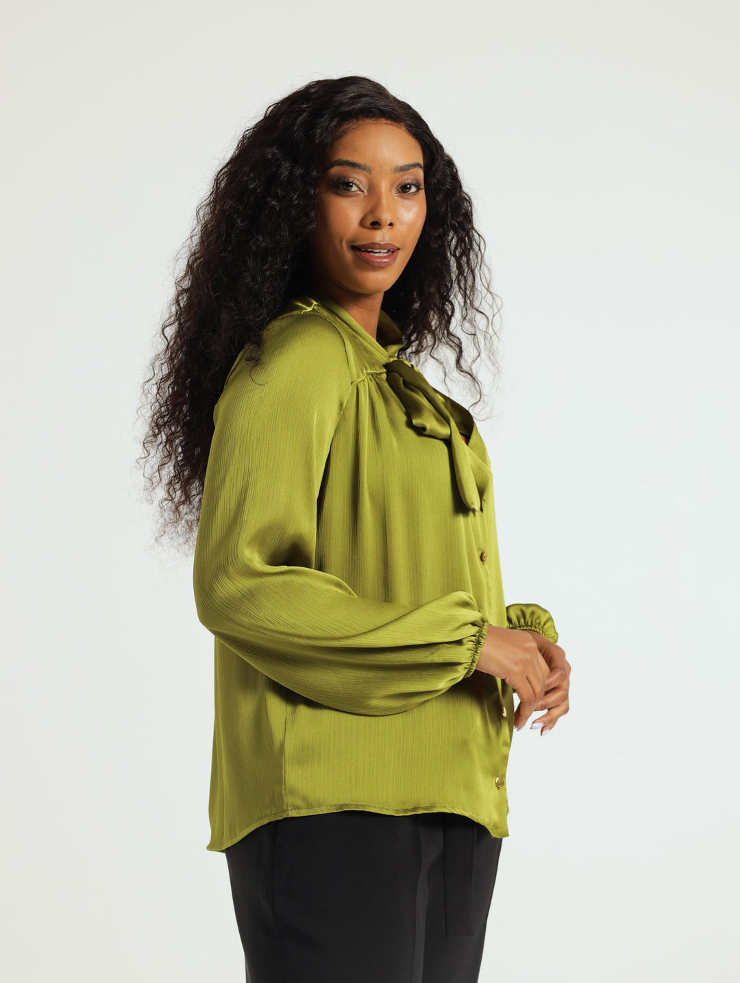 Kitty Bow Satin Blouse - Olive
