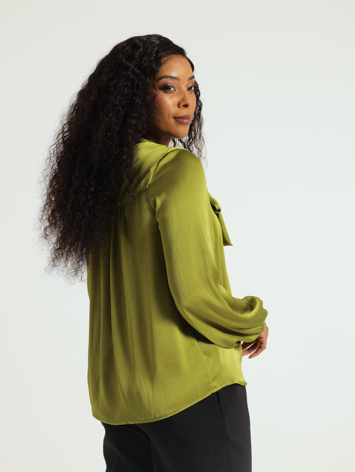 Kitty Bow Satin Blouse - Olive