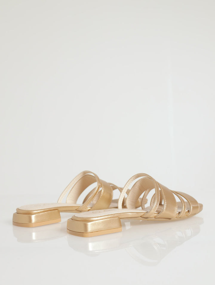 Multi Mule Staps Low Block Heel Sandal - Gold