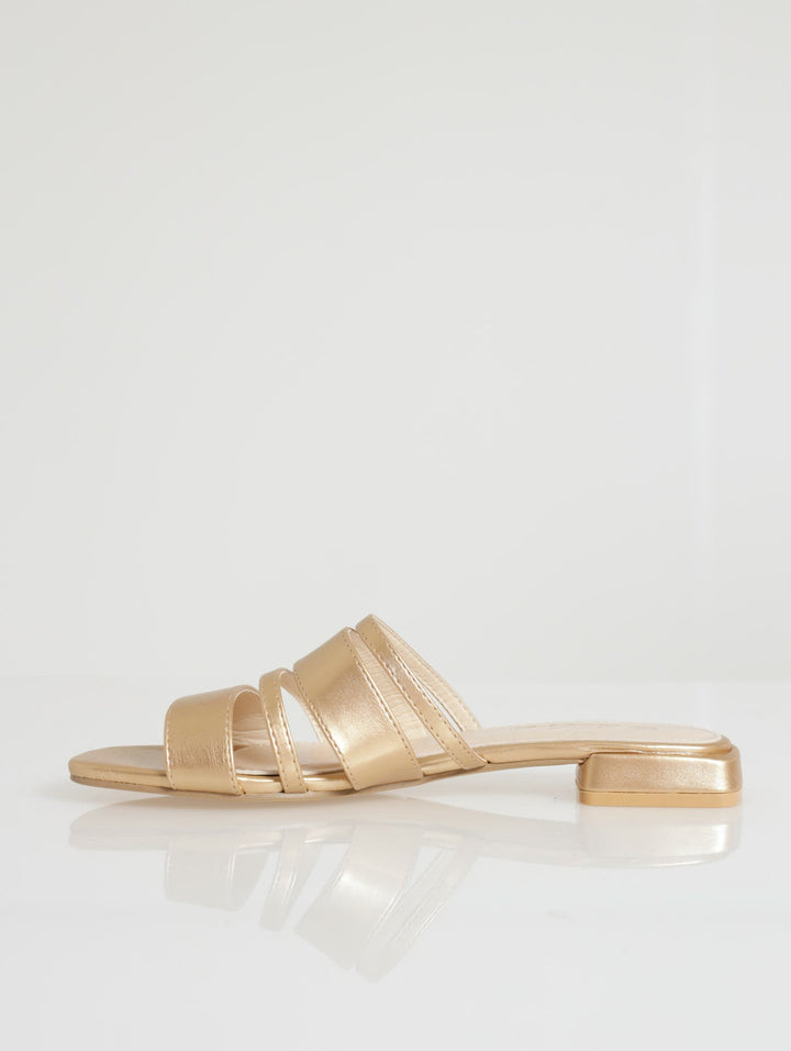 Multi Mule Staps Low Block Heel Sandal - Gold