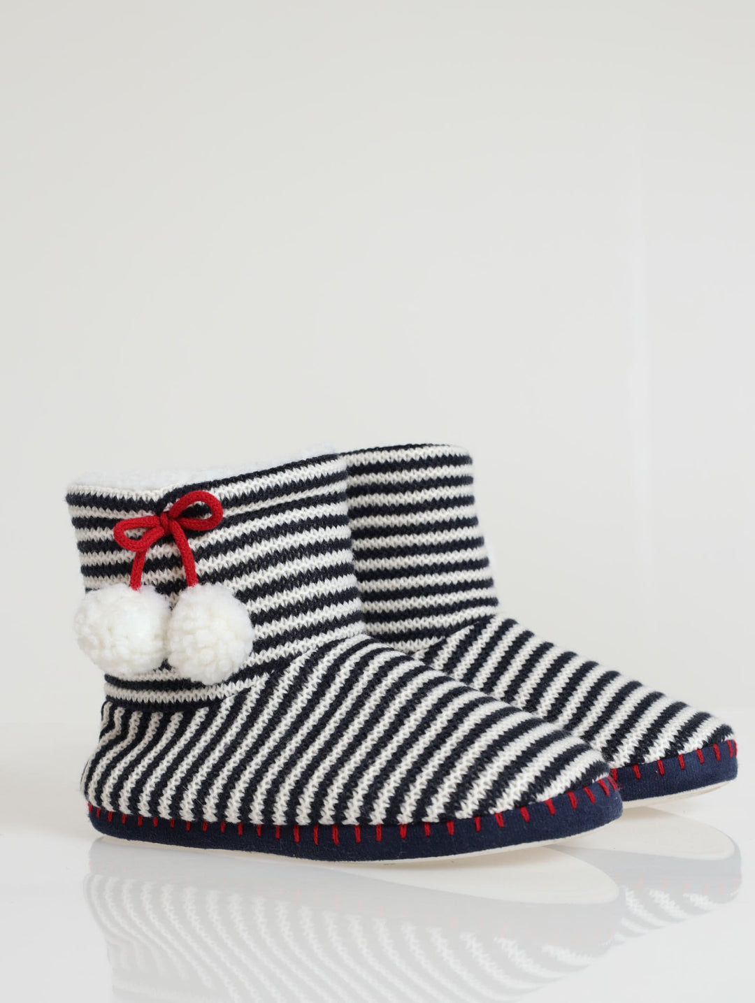 Stripe Boot Slipper With Pom Pom - Navy/White