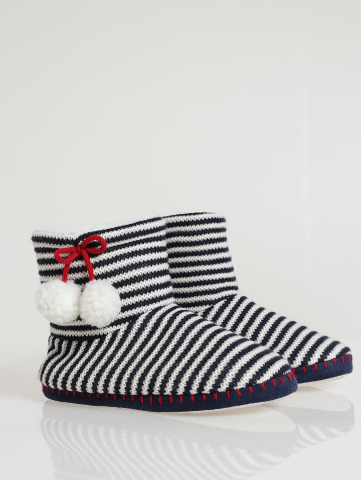 Stripe Boot Slipper With Pom Pom - Navy/White