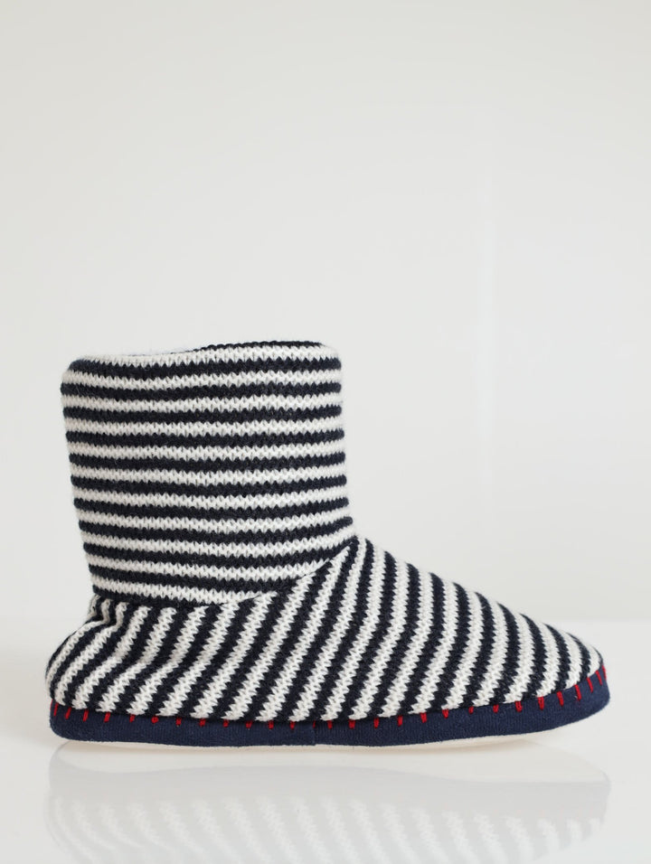 Stripe Boot Slipper With Pom Pom - Navy/White