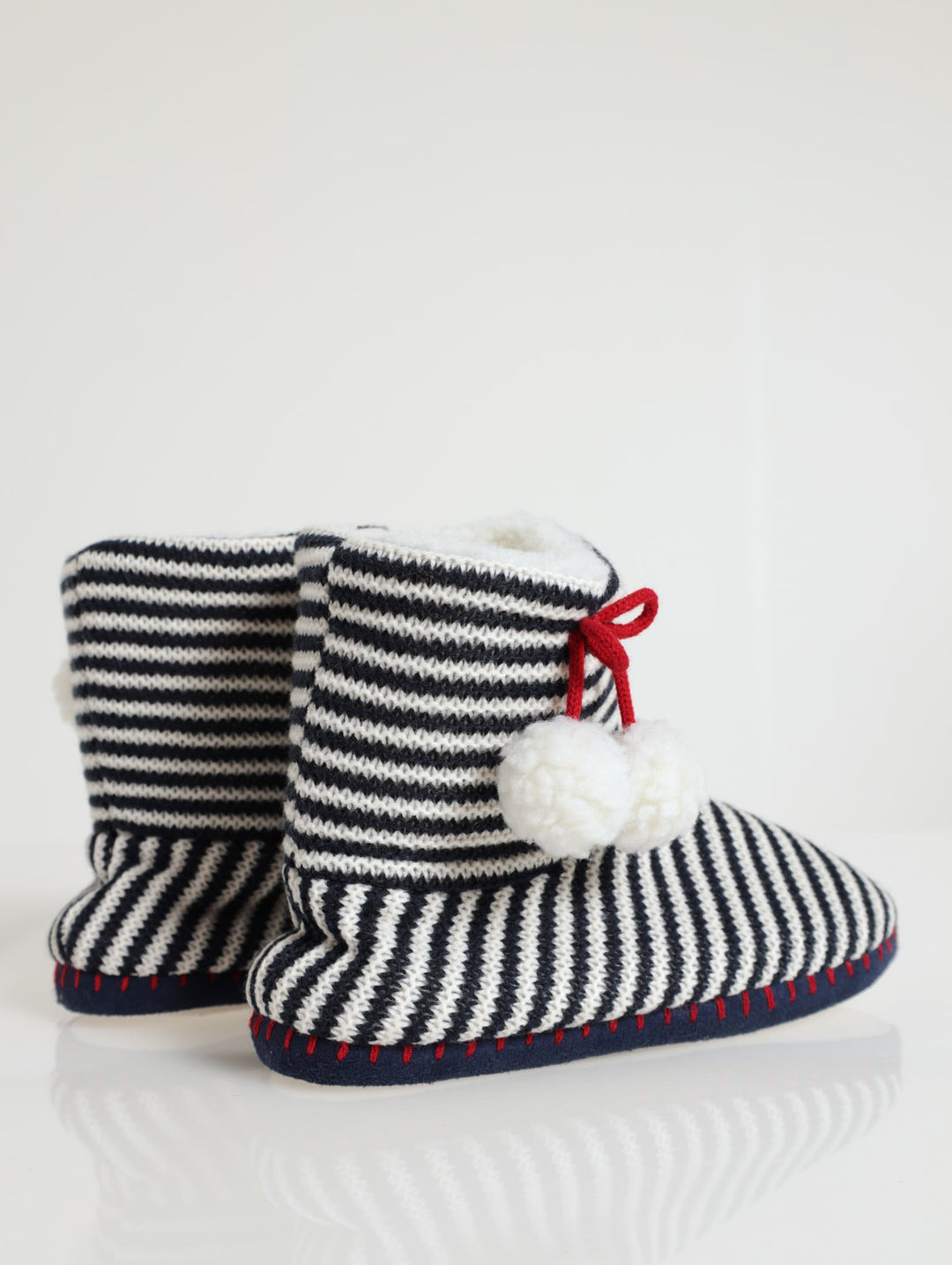Stripe Boot Slipper With Pom Pom - Navy/White