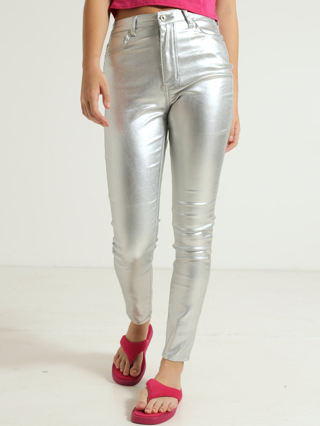 Girls Metallic Skinny Pants - Silver