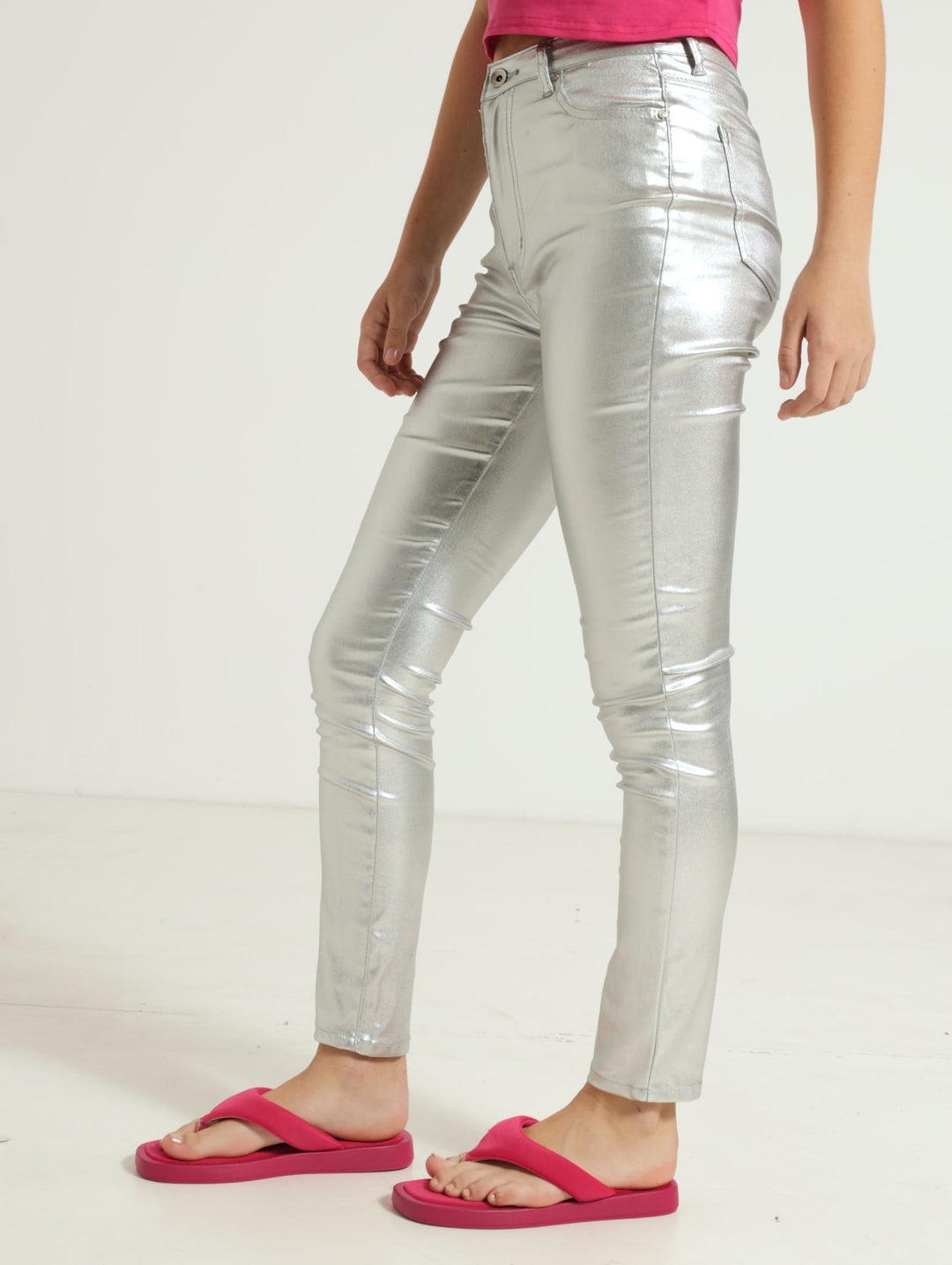 Girls Metallic Skinny Pants - Silver