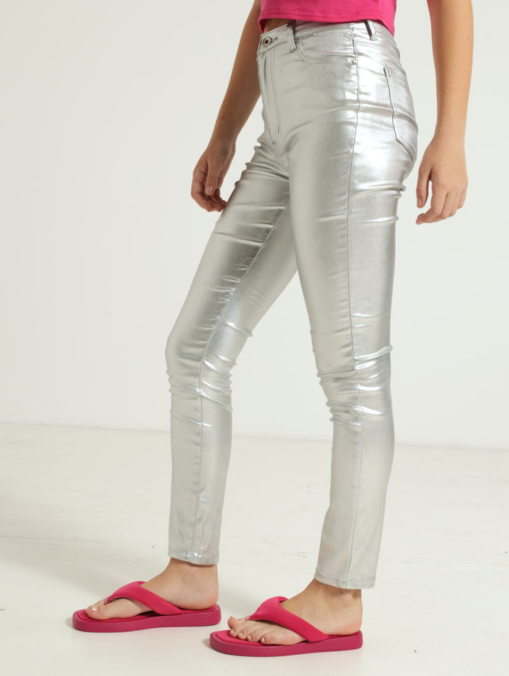Girls Metallic Skinny Pants - Silver
