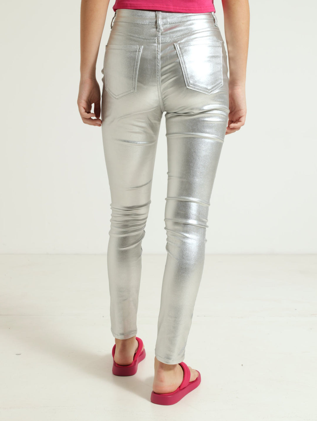 Girls Metallic Skinny Pants - Silver