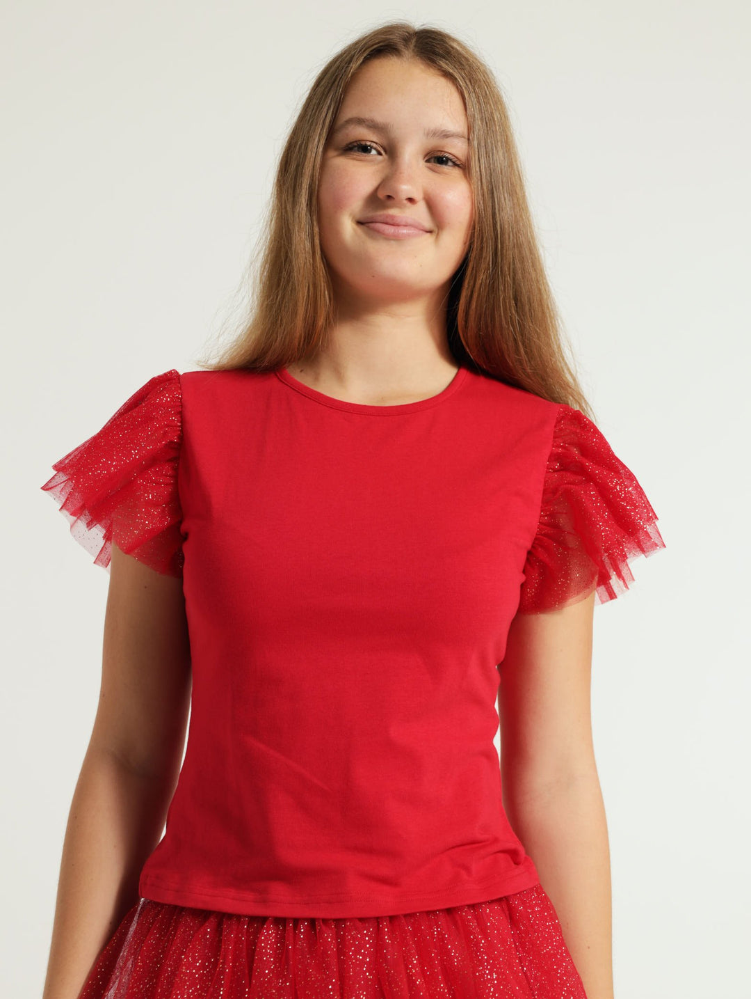 Girls Glitter Mesh Top - Red