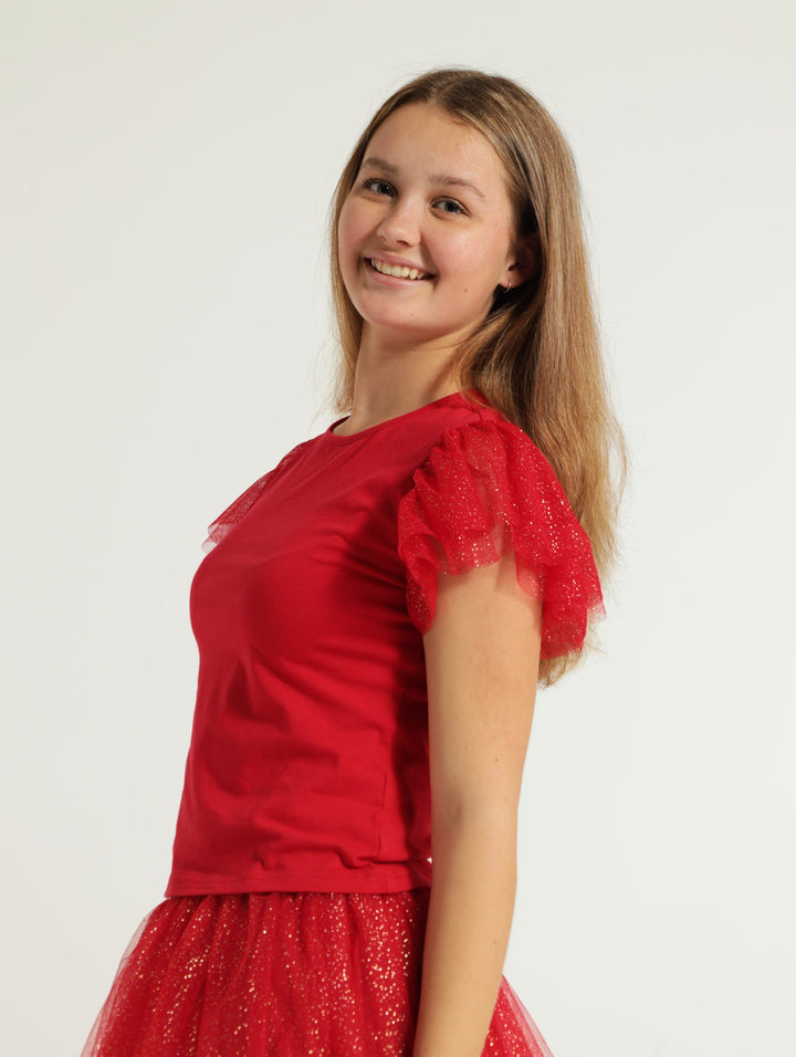 Girls Glitter Mesh Top - Red