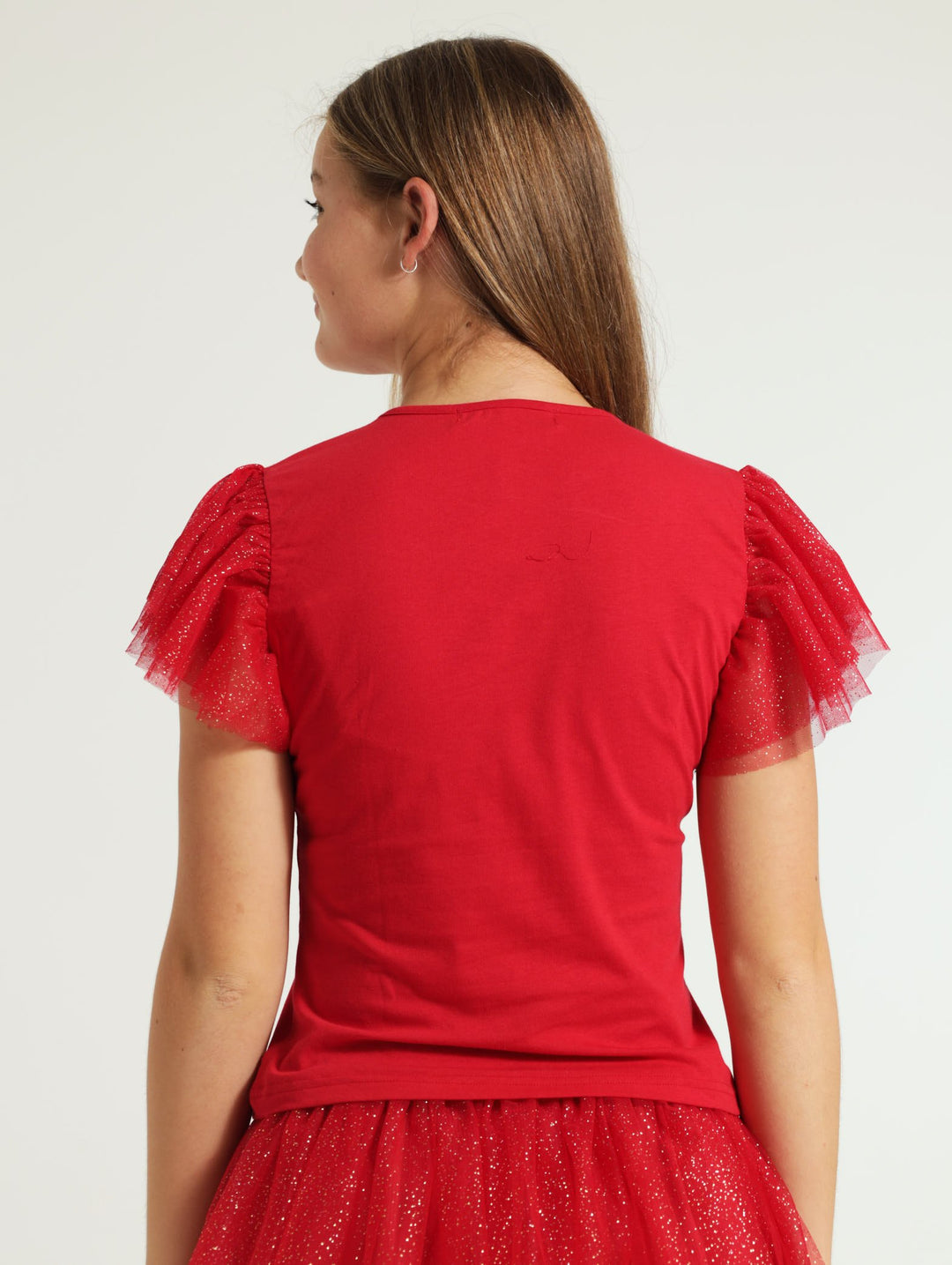 Girls Glitter Mesh Top - Red