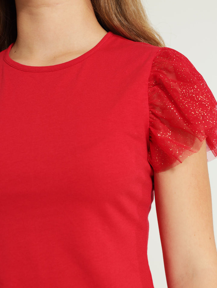 Girls Glitter Mesh Top - Red
