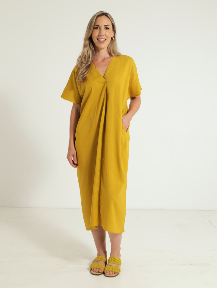 V-Neck Kaftan Pleated Front Maxi Dress - Chartreuse