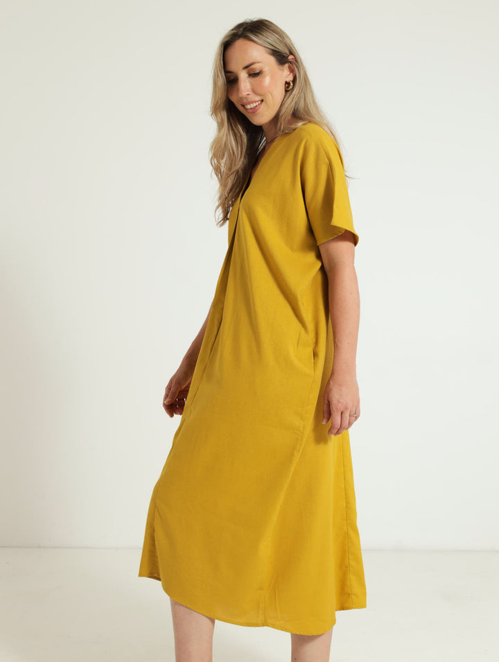 V-Neck Kaftan Pleated Front Maxi Dress - Chartreuse