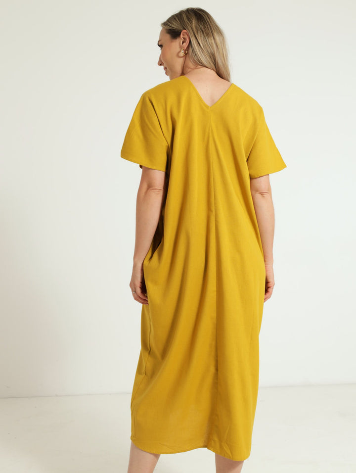 V-Neck Kaftan Pleated Front Maxi Dress - Chartreuse