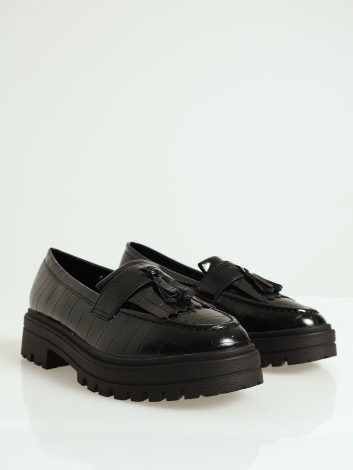 Tassel Chunky Textured Moc Loafer - Black