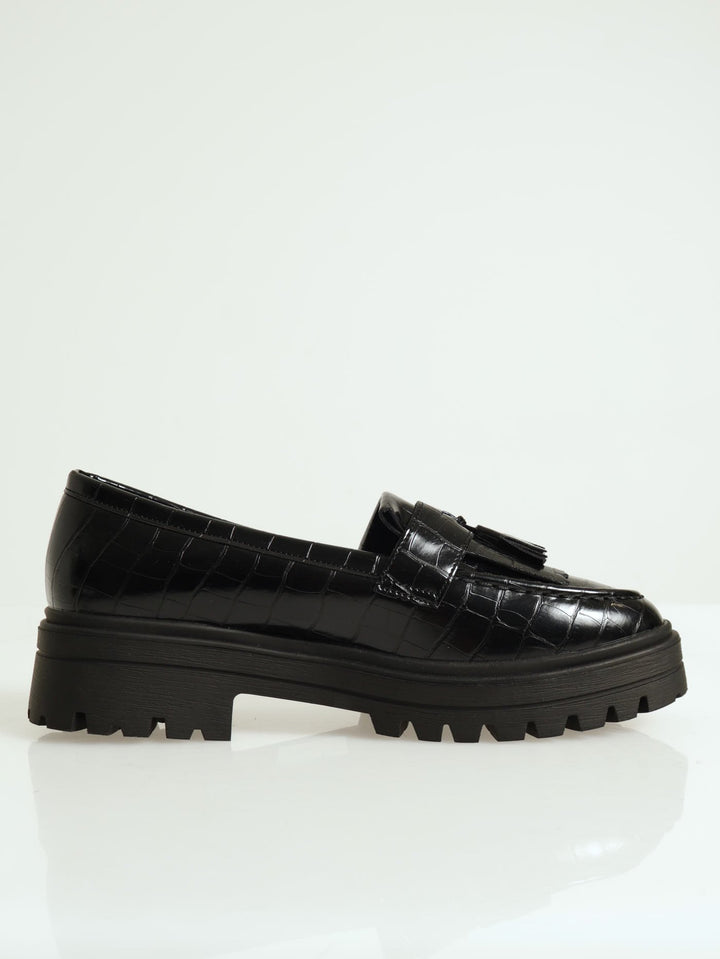 Tassel Chunky Textured Moc Loafer - Black