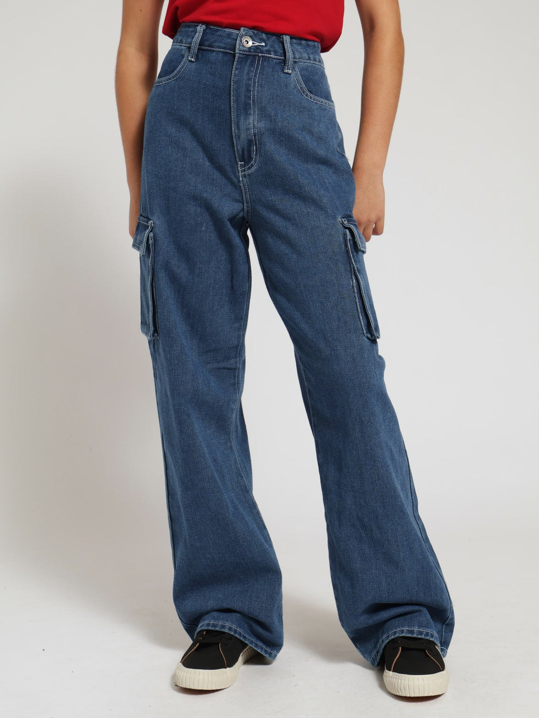 Girls Cargo Wide Leg Denim Jeans - Mid Blue