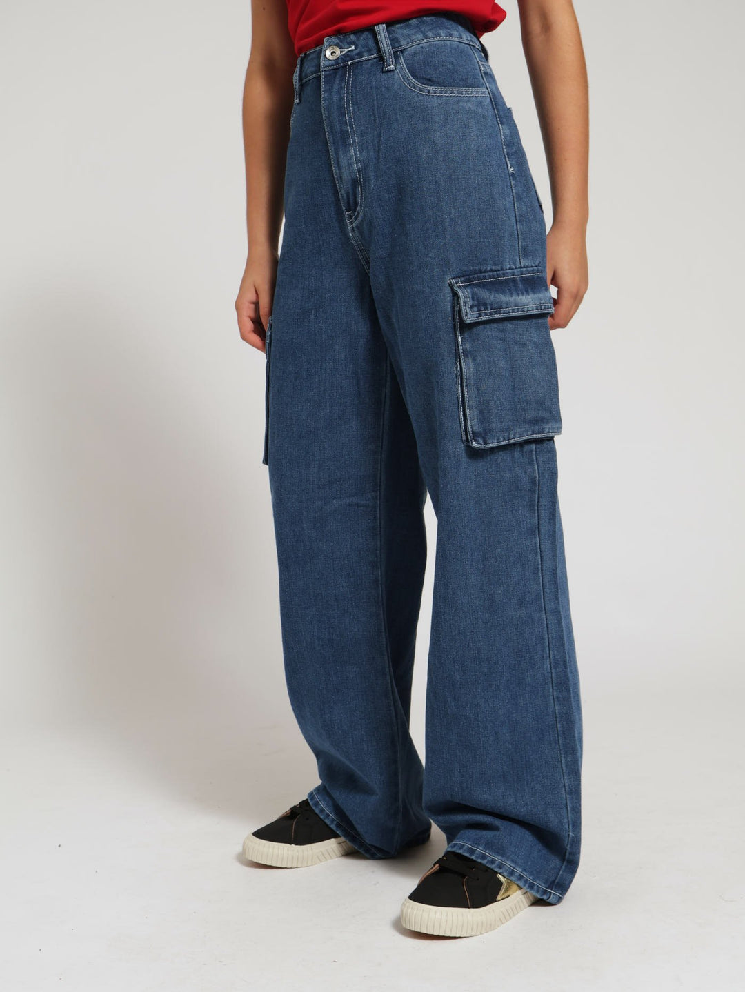 Girls Cargo Wide Leg Denim Jeans - Mid Blue