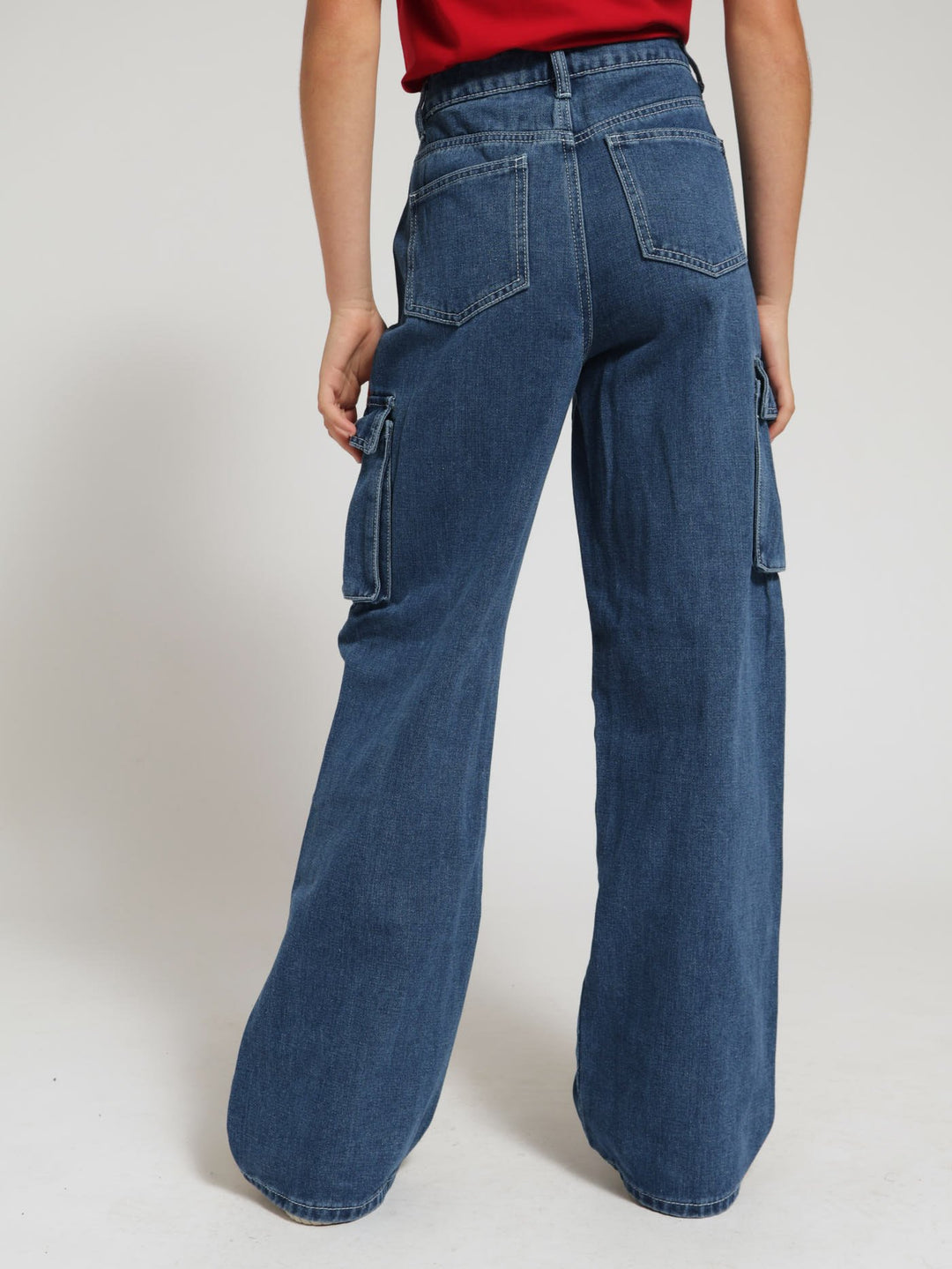 Girls Cargo Wide Leg Denim Jeans - Mid Blue