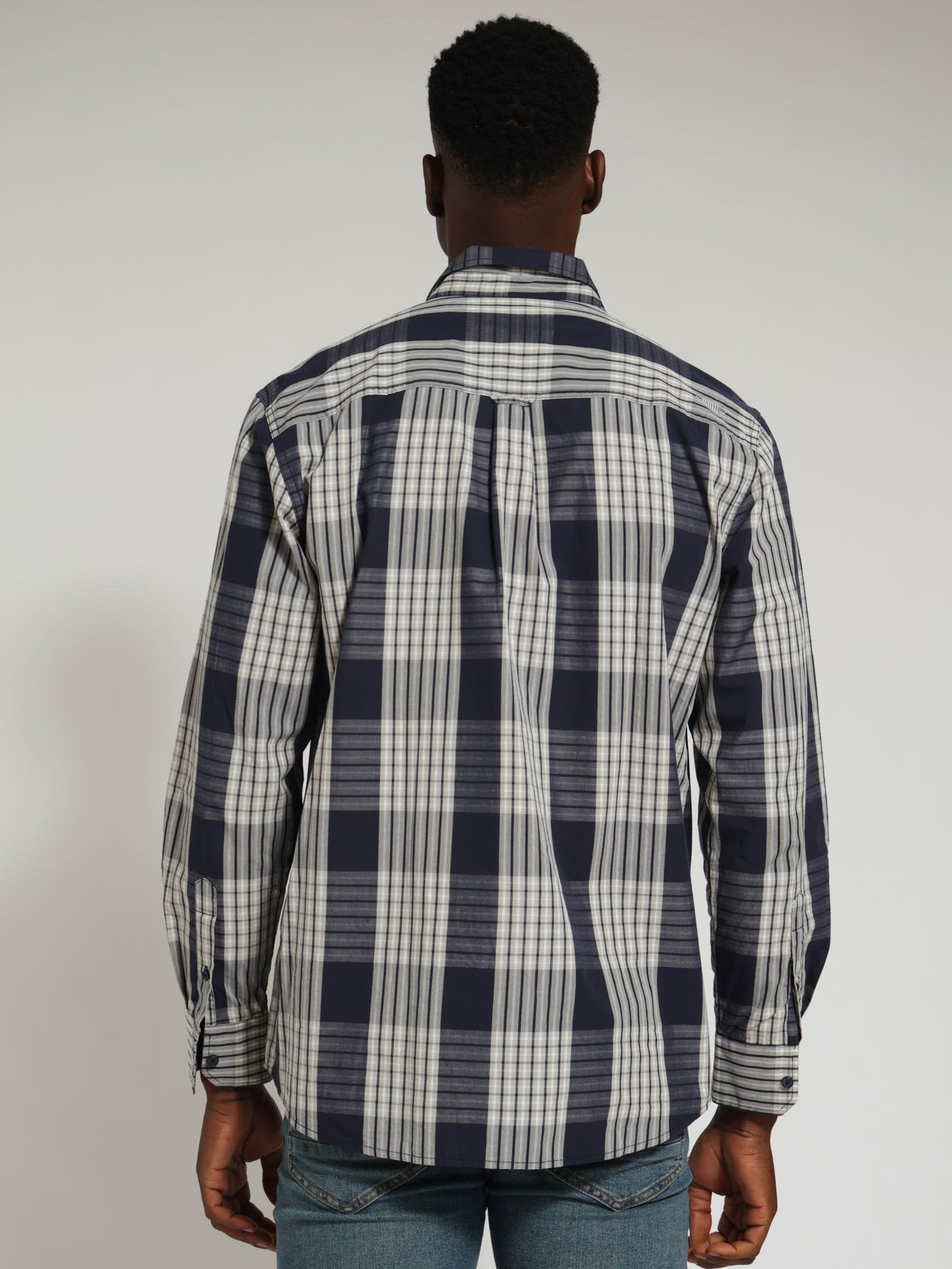 Mens Long Sleeve Casual Check Shirt - Navy – Edgars