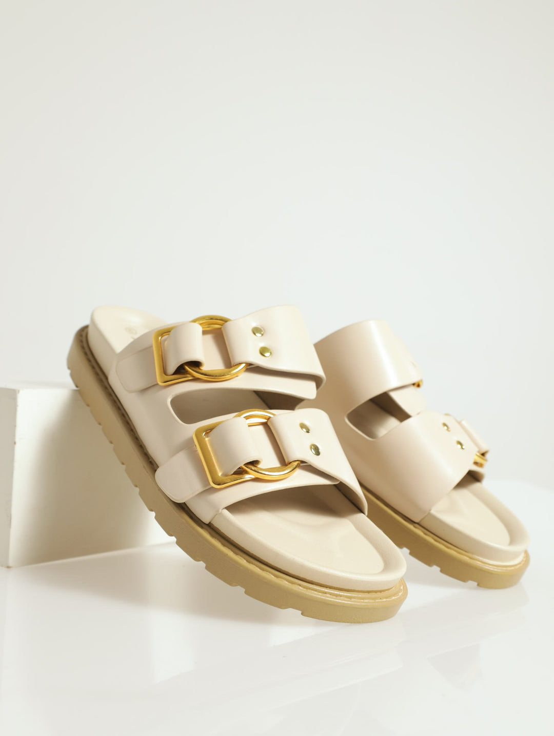 Double Strap Slide With Metal Rings Sandal - Oatmeal
