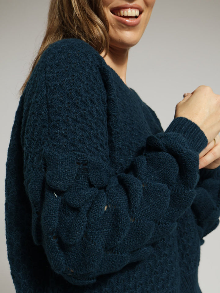 V-Neck Sleeve Detail Pullover - Dark Teal