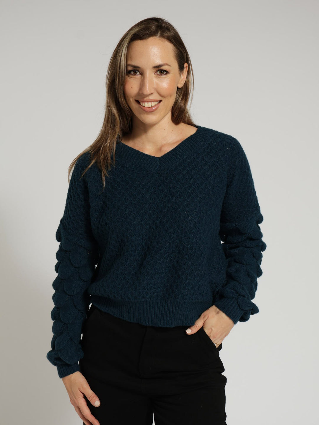 V-Neck Sleeve Detail Pullover - Dark Teal