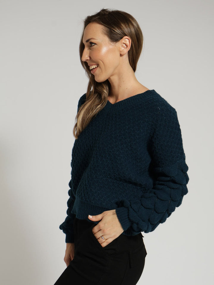 V-Neck Sleeve Detail Pullover - Dark Teal