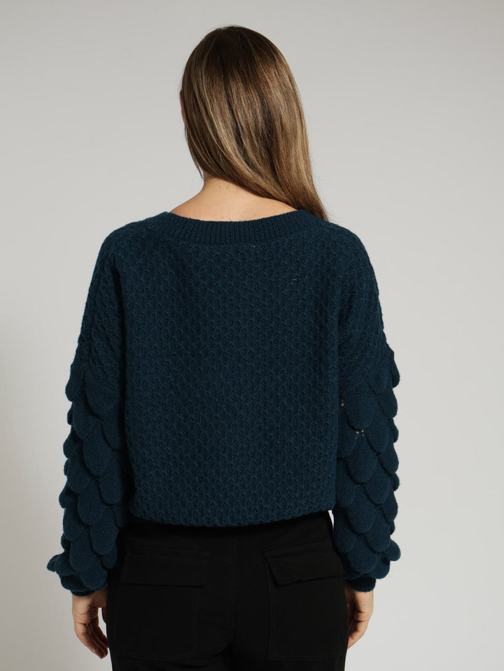 V-Neck Sleeve Detail Pullover - Dark Teal