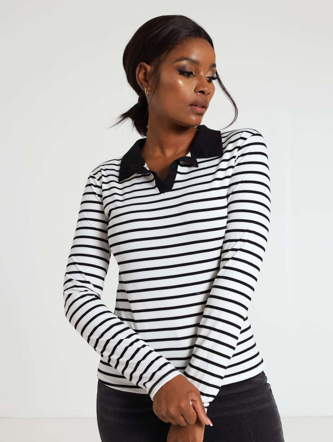 Rib Collared Top - White/Black