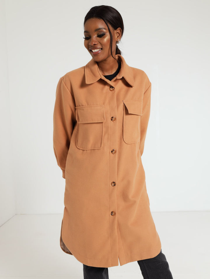 Long Sleeve Utility Shacket - Camel