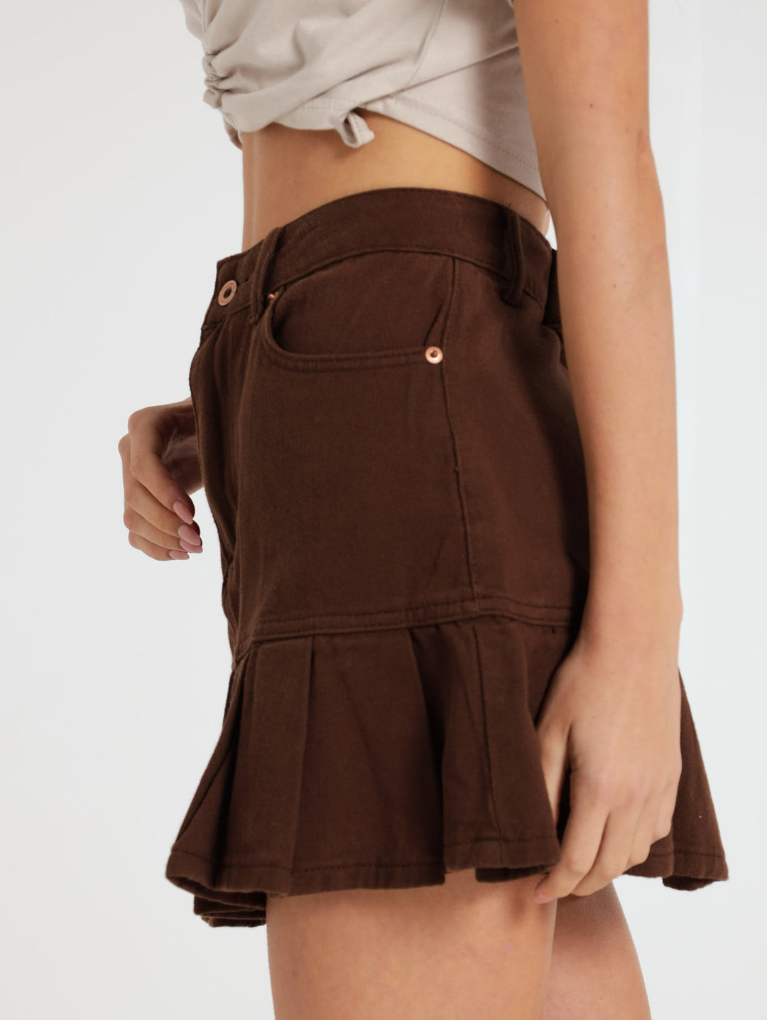 Pleated Denim Skirt - Chocolate