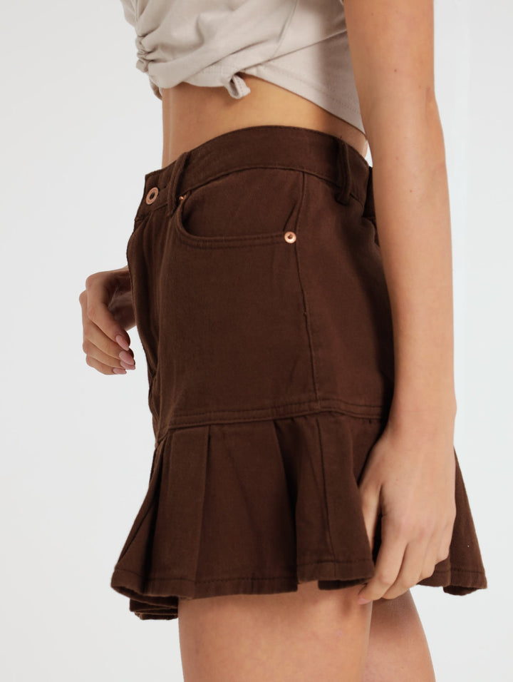 Pleated Denim Skirt - Chocolate
