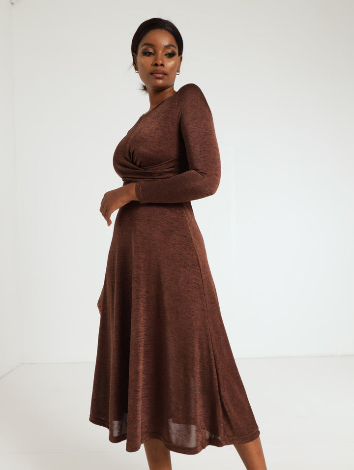Draped Fit & Flare Midi Dress - Brown
