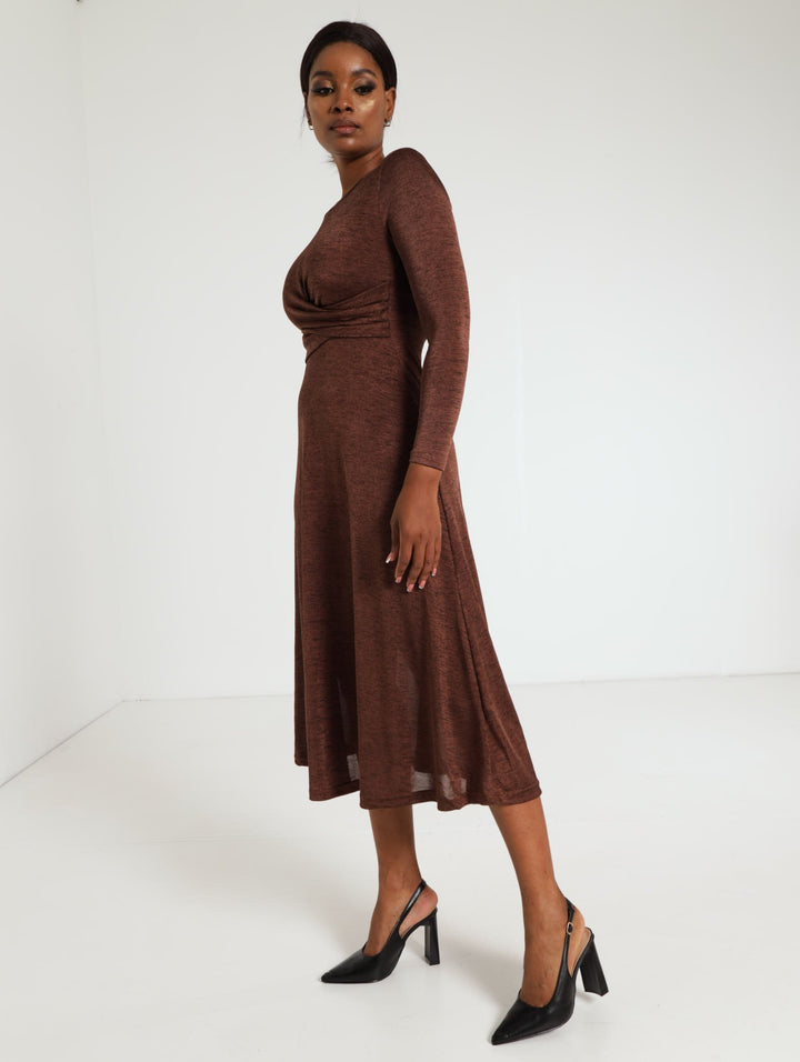 Draped Fit & Flare Midi Dress - Brown