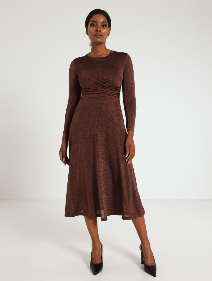 Draped Fit & Flare Midi Dress - Brown