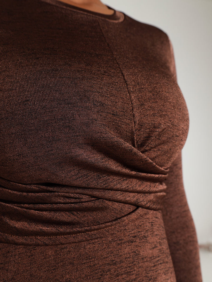 Draped Fit & Flare Midi Dress - Brown