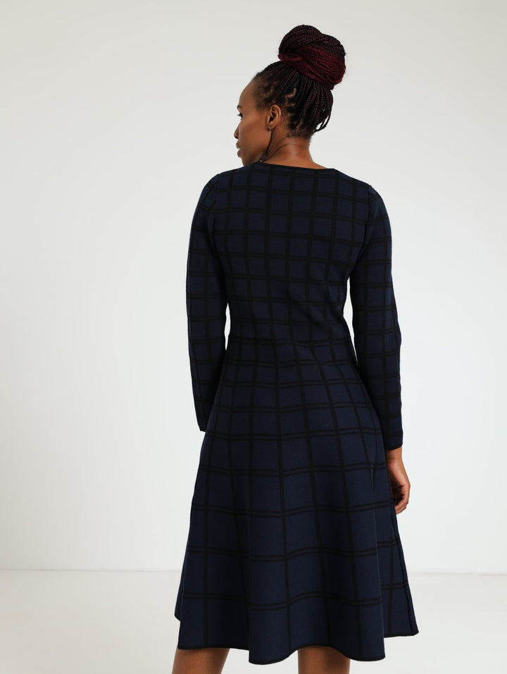 Check Skater Dress - Navy/Black