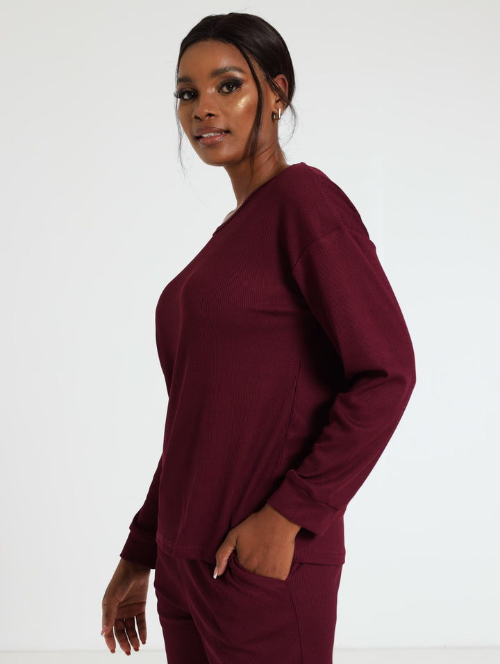 Long Sleeve Texture Top - Burgundy